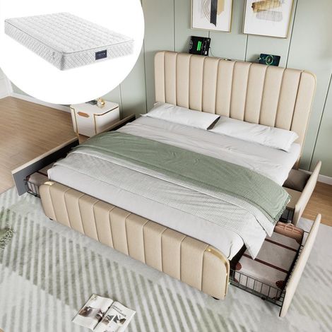 Lit capitonné 140x200 avec 4 tiroirs, tête de lit à rayures dorées et port USB-C, lin beige, matelas inclus