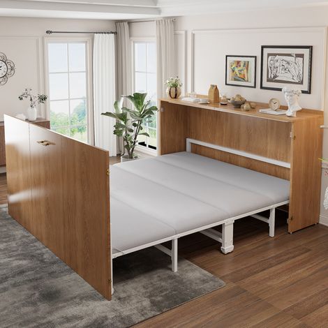 Lit escamotable 140 x 200 cm avec matelas en tissu, structure bois et métal, meuble gain de place à roulettes silencieuses pour chambre d'amis CHICFURN (1/5)