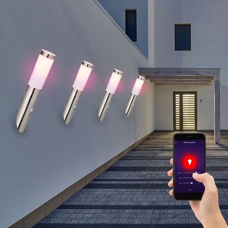 Wandleuchte Edelstahl Wandfackel Außen Hauswandleuchte Bewegungsmelder, App-Sprachsteuerung dimmbar Timer CCT, IP44, Edelstahl, 1x RGB LED 10W 806Lm 2700-6400K, DxH 7,6x40cm, 4er Set