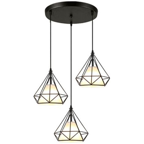 royaluxe- Lampes Suspendues Cage En Fer En Métal 3 Supports De Lampe Plafonnier En Forme De Diamant Ø20CM Pour Cuisine Salon Restaurant Bar (Noir)