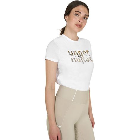 S, Bianco: T-shirt da donna slim fit in cotone a manica corta con stampa a contrasto (1/5)