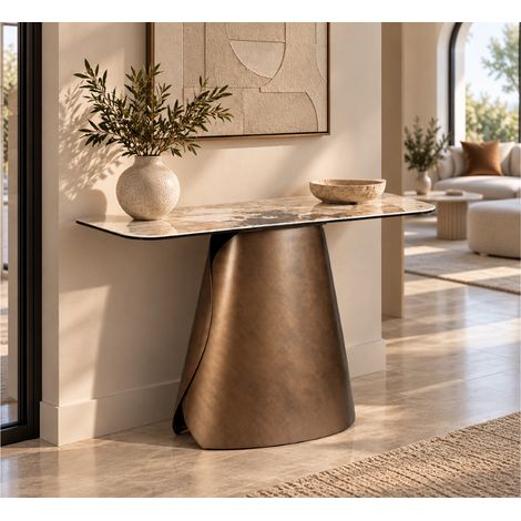 Console moderne plateau céramique et pied cuivre brossé 100 cm MIRANDA (1/5)