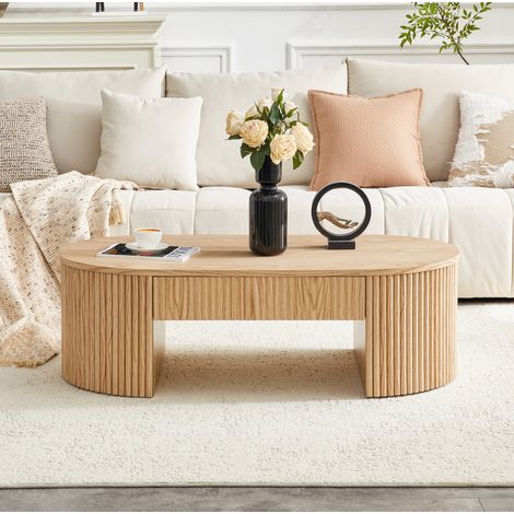 Mesa de centro ovalada efecto roble con cajón, MDF, estilo moderno (1/5)