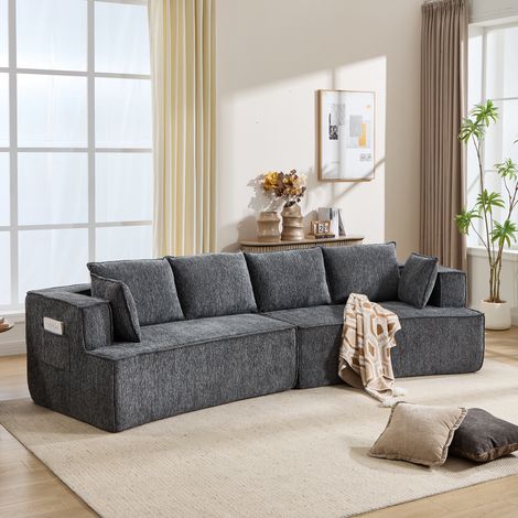 Canapé modulable courbé en velours côtelé, assise profonde et confortable pour salon - gris foncé (1/5)
