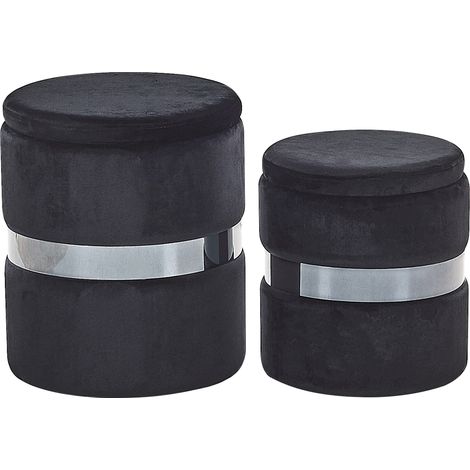 Conjunto de 2 pufs de terciopelo negro plateado almacenaje reposapiés Doris