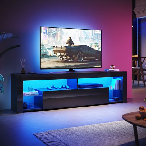 SONNI TV Schrank mit LED-Lichtern, Offenes Glasregal und Griffloses Design herunterklappbarem Türfach, Stand TV Board Hochglanz, Schwarz, 1800 x 350 x 505 mm (1/5)