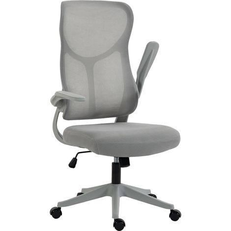 HOMCOM silla de escritorio giratoria de malla, silla de oficina con reposabrazos abatibles, respaldo alto, función de balanceo, altura ajustable, gris (1/5)