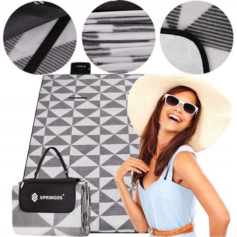 SPRINGOS Coperta da Picnic Coperta da Esterno in Pile 220x180 cm Triangoli Grigi Alluminio Borsa da Trasporto Impermeabile con Cerniera Tappetino per Sedersi Asciugamano da Spiaggia Coperta da Gioco p (1/5)