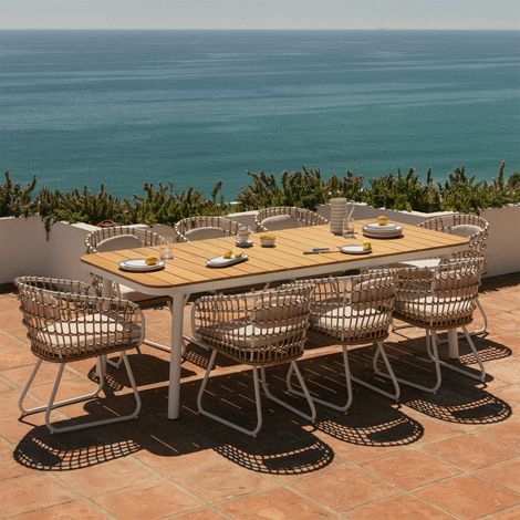 Set de mesa rectangular 240-300x100 cm extensible Mareiran y 8 sillas de jardín en aluminio y ratán sintético Isaran SKLUM       