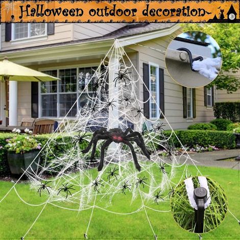 Décorations d'Halloween : filet triangulaire blanc de 5 mètres, 125 araignées, 20 g de coton et 20 petites araignées. Convient pour la décoration extérieure d'Halloween dans un jardin. (1/5)