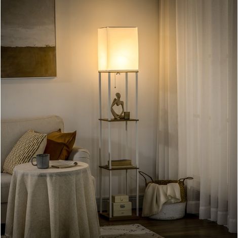 Lampada da terra con scaffali in MDF e metallo, 26 x 26 x 159 cm, bianco, REDOM (1/5)