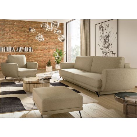 Ensemble canapé convertible tissu marron clair Zora - 1 canapé 3 places + 1 fauteuil + 1 pouf (1/4)