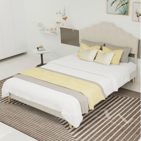 Letto adulto 140x200 cm con testiera geometrica imbottita e rete a doghe, velluto beige, materasso non incluso (1/5)