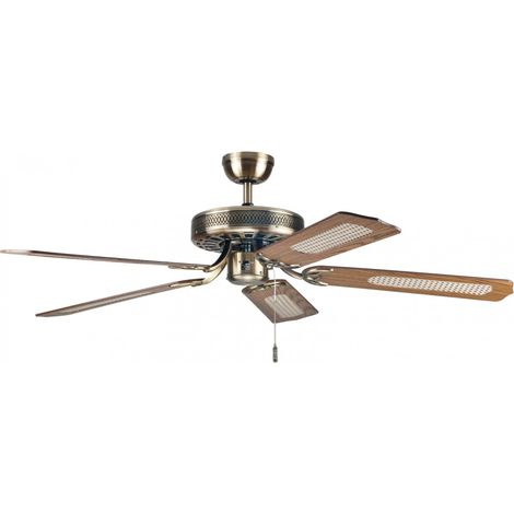 Ventilateur de plafond 132 cm – Laiton antique – Pales réversibles chêne/rotin – 3 vitesses – Fonction été/hiver – 9-65W – Deko-Elektro