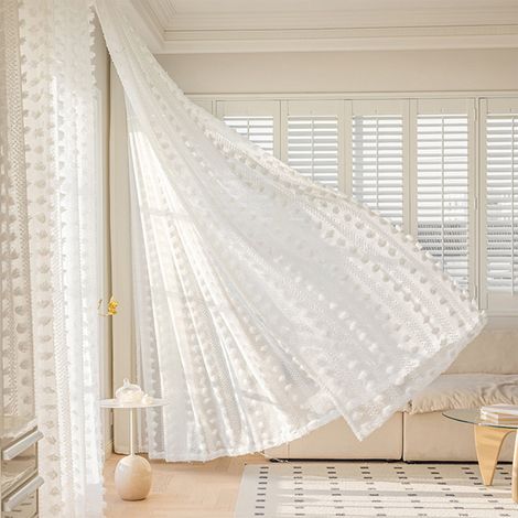 Rideau Voile - 132 x 160 cm - Blanc - Polyester - Pour Fenêtre Salon Chambre - 2 Pièces (1/5)