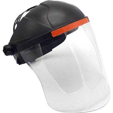 Casque de sécurité forestier avec écran facial transparent antibuée, visière de protection oculaire et plaque frontale à bordure noire.