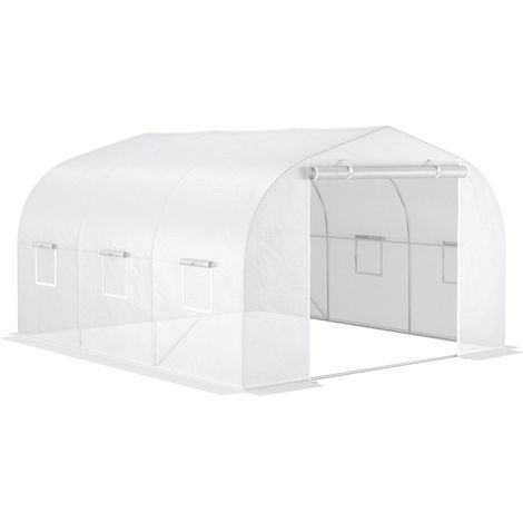 Serre de jardin serre tunnel de Jardin dim. 3,5L x 3l x 2H m portes + 6 fenêtres enroulables Acier galvanisé bâche PE Haute densité Blanc (1/5)