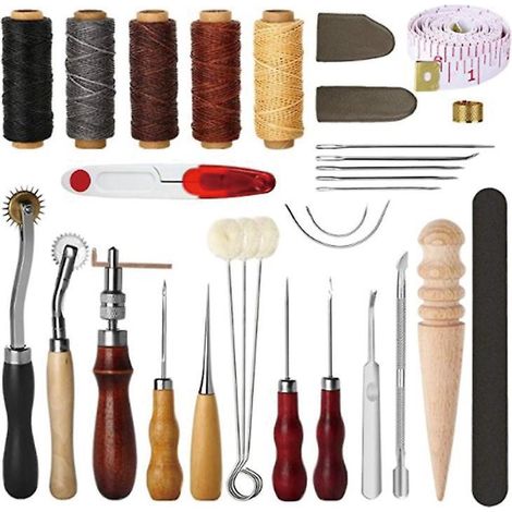 26pcs-cuir Outils Kit De Rparation  La Main Artisanat Cuir Fil Cir 8 Couleur Avec Aiguilles  Coudre Ciseaux Ruban  Mesurer Pour Cuir De Couture Ch (1/5)