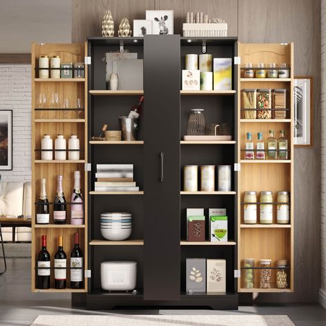 DESMIU Buffet de cuisine avec 2 portes, 4 étagères réglables, range-épices, pour cuisine et salle à manger, en MDF, noir, 150 × 78 × 40 cm (1/5)