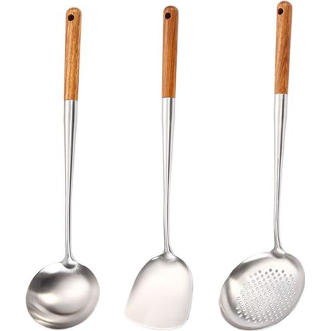 Ustensiles wok 3 pièces : raclette, écumoire, spatule manche bois acier 304