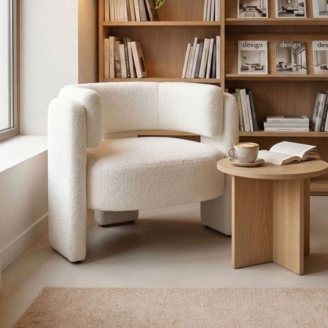 Fauteuil de salon – Assise confortable en mousse haute densité – Tissu teddy – Pieds en bois massif – Blanc cassé – Home Nature Wohnkonzept (1/5)