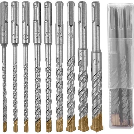 Set di 9 punte SDS Plus per la foratura del calcestruzzo, set di punte con 4 taglienti: 5/6/6/8/8/10/12/14/16 x 160 mm, per l'uso su calcestruzzo, mattoni, pietra e piastrelle in ceramica
