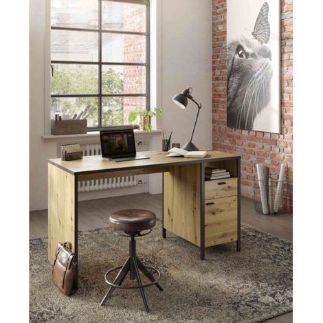 Bureau 1 tiroir 1 porte en bois imitation chêne clair - BU13001 (1/5)