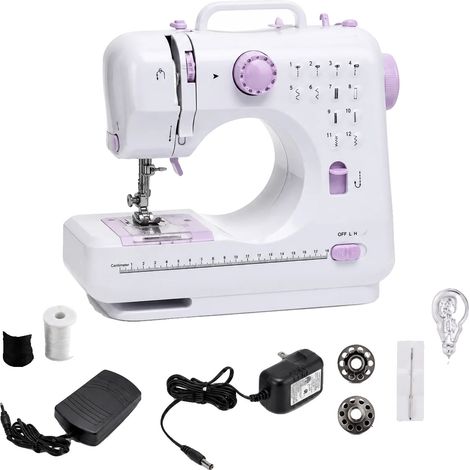 Mini máquina de coser, 12 patrones de puntada, diseño portátil, color marfil. (1/2)