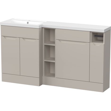 Teddesley Floor Standing 3 Door, Open Shelf Vanity Basin WC Unit with Toilet Roll Holder and Basin, 1500mm, Left Hand, Pebble Grey