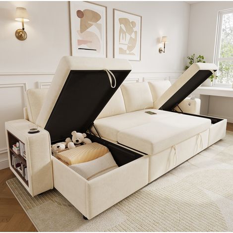 REDOM - Divano angolare a U 270x125x86 cm, convertibile, contenitore integrato, porte USB e Type C, ciniglia beige (1/5)