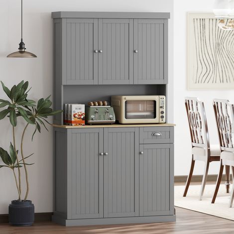 Armoire de rangement de style campagnard avec étagères réglables, placards et tiroir, en bois, 101 x 39 x 180 cm, grise (1/5)