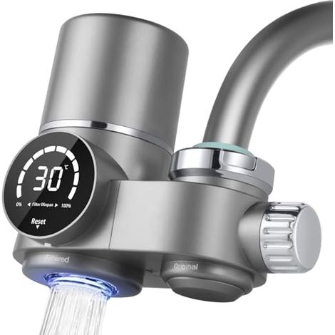 Filtre Eau Robinet, Système de Filtre à Eau avec Affichage LED, Comprend 1 Cartouche,8 Couches de Filtrage, Enlève Impuretés, Chlore, Eau de Javel, Vers, Installation Facile