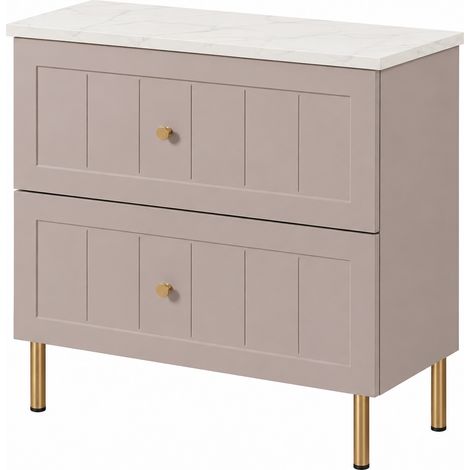 Mobile Bagno a Terra sotto Lavabo con Piano, 2 Cassetti con Chiusura Ammortizzata, Frontale Rigato MDF 19 mm, Cashmere + Piano Marmo Bianco, Maniglie Oro, Piedini Oro, 60 x 46 x 73,6 cm (1/5)
