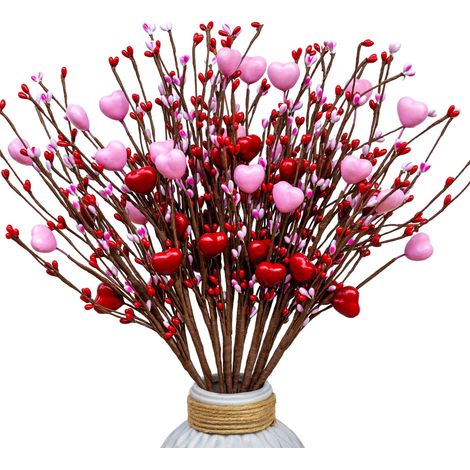 Lot de 8 tiges de Pics Floraux pour décoration de Saint-Valentin, 40,6 cm, Baies Rouges artificielles en Forme de cœur, Cadeau pour Mariage, Maison, Vase (1/5)