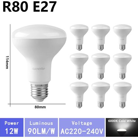 (R80 6000K, AC220V-240V) 10 ampoules LED haute luminosité, adaptées à l'éclairage de salle de bain, sans scintillement, pour un usage domestique. (1/4)
