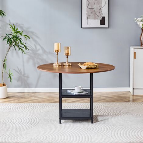 Mesa de comedor redonda 107 cm, doble estante, efecto nogal, MDF y metal negro, REDOM (1/5)