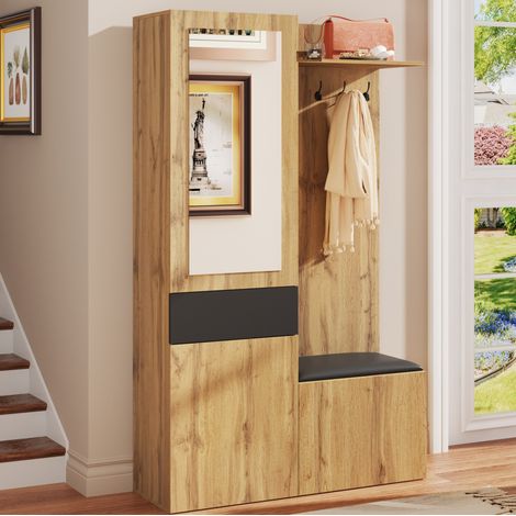 Mueble zapatero de entrada 98,5 x 38 x 191 cm con espejo, ganchos y banco DESVIAE (1/5)