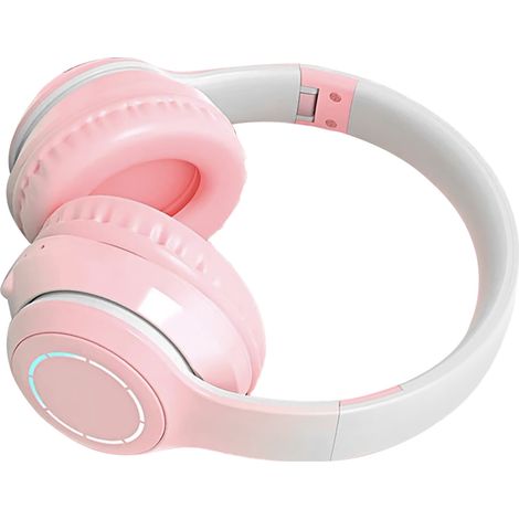 Écouteurs Bluetooth roses à basses profondes et réduction de bruit, pliables, avec éclairage intégré et compatibles avec téléphones et ordinateurs portables. Écouteurs sans fil à couleurs dégradées. (1/5)