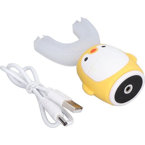 Elektrische Zahnbürste in Form eines gelben Pinguins für Kinder, wiederaufladbar, weiche Borsten, U-förmiger Zahnpasta-Aufsatz, für Kinder und Jugendliche, eingebauter Lithium-Akku (1/5)