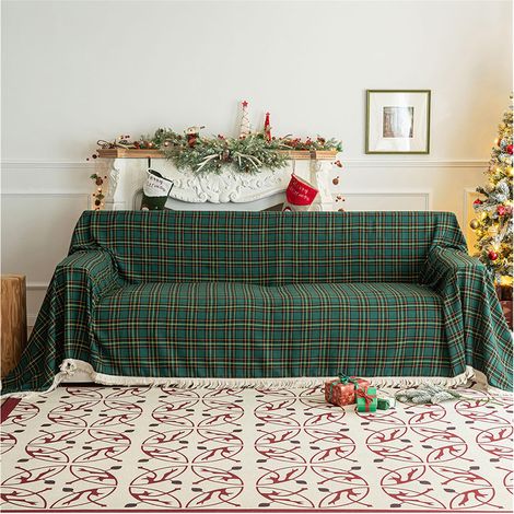 Manta navideña, funda de sofá, manta de chenilla con borlas, funda de sofá, manta navideña, decoración navideña protectora (verde, 180 x 230 cm) (1/5)