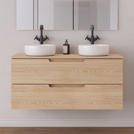 Meuble de salle de bain 120cm avec plateau et 2 vasques à poser rondes - 2 tiroirs - sans miroir - roble era (chêne clair) - SONRIZA (1/5)