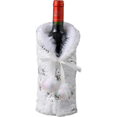 Gold- und silberfarbener Weinflaschenüberzug aus Plüsch-Polyester mit Schneeflockenmuster, ideal zur Dekoration von Thanksgiving- und Weihnachtstischen. (1/4)
