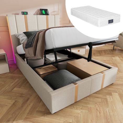 Polsterbett USB Type C Ladefunktion APP-Control LED Einzelbett 90×200 Stauraumbetten Bettgestell, Lattenrost aus Holz,Beige Leinenmaterial (Mit Matratze)