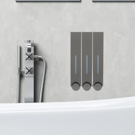 Manueller Seifenspender ohne Bohren für Hotels und Pensionen, Wandmontage, Handseifenflasche, Shampoo und Duschgel mit Aufkleber auf der Rückseite, Modell 6028 anthrazitgrau mit drei Fächern. (1/5)