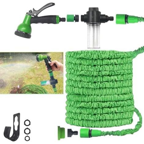 15m Extendable Hose with Removable Soap Dispenser - Thick Leak-Proof Material, Flexible 8-Mode Nozzle, 3/4" and 1/2" Fittings (1/5)
