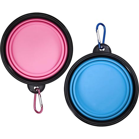Lot de 2 gamelles pliables pour chien, 350 ml, portables, avec mousqueton, pour nourriture et eau (rose et bleu) (1/5)