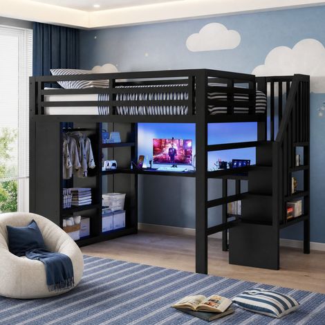 Letto a soppalco 140x200 cm in metallo con scrivania, LED, armadio aperto, nero OKWISH (1/5)