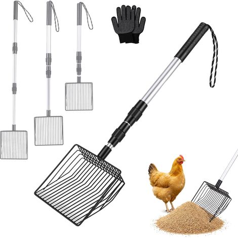 Pelle Déjections Poulailler Pelle à Poulet, 3 en 1 Réglable Série, Métal Séparation Litière et Débris, avec Manche Long, pour Nettoyage Poulailler Jardin Litière Animal (1/5)