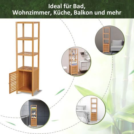 Meuble de salle de bain en bambou naturel, étagère WC avec 3 compartiments ouverts, rangement pratique 36x33x140 cm (1/5)