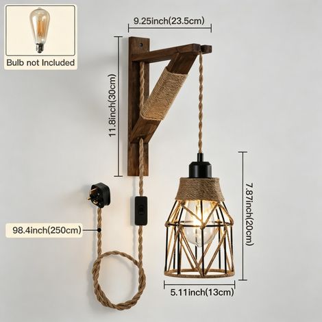 Rustic Farmhouse Plug In Wall Sconce Lights, Metal Cage Wall Lamp with Solid Wooden Bracket, Plug Into Mains Socket Wall Lighting for Bedside Bedroom Lounge, 2 packed (1/5)
